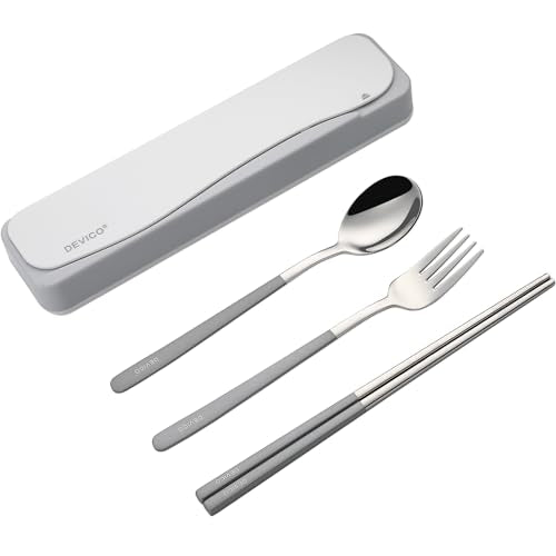 DEVICO Travel Utensils with Case, 4Pcs Portable Silverware Set for Work, 18/8 Stainless Steel Reusable Cutlery, Korean Spoon and Chopsticks Fork for Camping, School, Lunch Box Accessories (Grey) - color: Gray