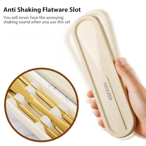 iNKULEER Travel cutlery set, 18/8 stainless steel cutlery, Reusable utensils set with case, Portable Silverware Lunch Box for Camping and Office-Stainless steel - color: Gold