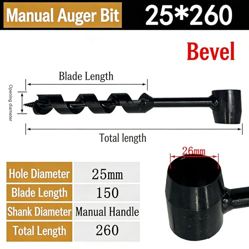 25mm Hand Auger Wood Drill - Bushcraft Manual Survival Self-Tapping Drill Bit for Camping, Outdoor Hiking & Woodworking (260mm Total Length)