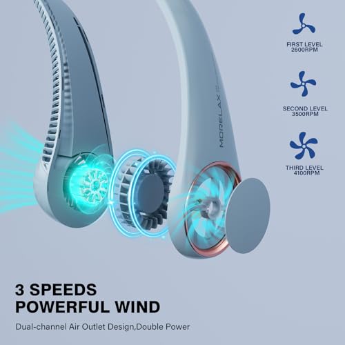 Morelax Neck Fan, USB Rechargeable Personal Fan,Hand Free Bladeless Portable Fans,4000 mAh, 3 Speeds,72 Air Faster softer 360° Cooling, Ultra Quiet,Gift Suitable for Home, Office, Travel, Sports - color: Light blue