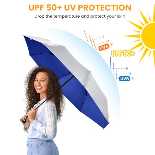 Prospo 46 Inch UPF 50+ UV Protection Umbrella for Sun & Rain | Compact Travel Umbrella Lightweight , Waterproof, Auto Open/Close, Large Coverage Sun Blocking for Women Men - color: Silver/Blue