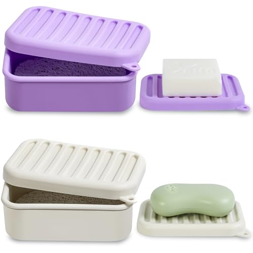 2PC Portable Leakproof Travel Soap Case, Silicone Travel Soap Case, Compact Soap Holder with Drainage Layer, Travel Soap Holder for Camping, Gym, Outdoor (Light-Purple&Rice-White) - color: Light-purple&rice-white