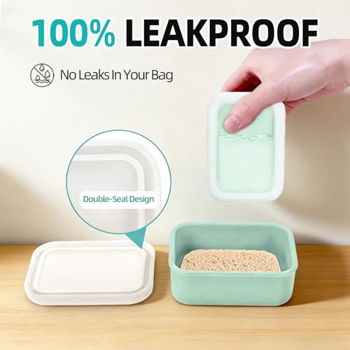 Travel Soap Dish 2pcs - PYRRHIC Leakproof Travel Soap Case with Draining Layer Portable Silicone Soap Container Portable Soap Dish for Bathroom Shampoo Bar Gym Camping (Mint Green & Beige)