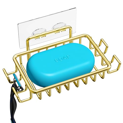 Nieifi Bar Soap Holder for Shower Wall, Adhesive Soap Dish for Bathroom | Stainless steel, razor holder, 4 hooks, soap dish for shower, wall mounted, soap caddy, sponge holder, rustproof, golden - color: Gold, size: 1 Pack