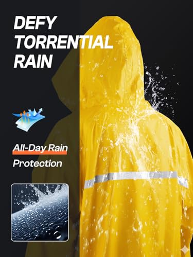Mens Long Hooded Safety Rain Jacket Waterproof Emergency Raincoat Poncho - color: Yellow, size: Large