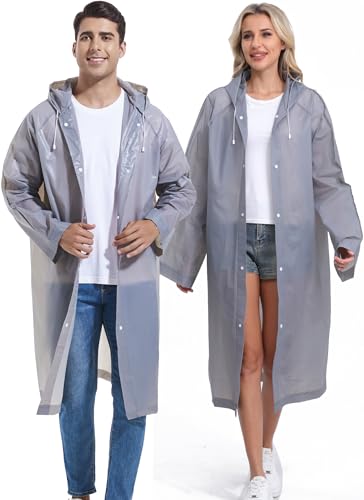 2-Pack Reusable Rain Ponchos for Adults, HOOMBOOM Raincoats Emergency for Women/Men with Drawstring and Sleeves - color: Grey