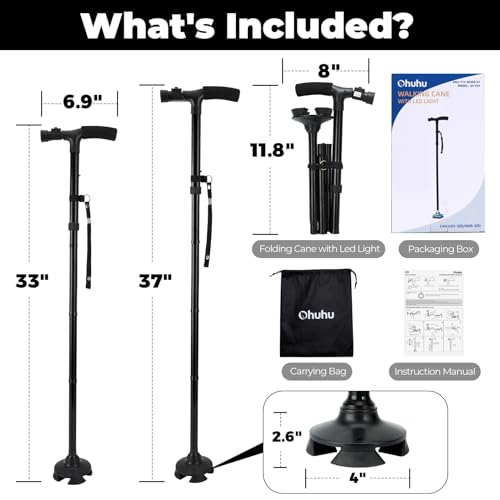 Ohuhu 2-Pack Walking Cane with LED Light, Folding Free Standing Cane - style: 2 packs