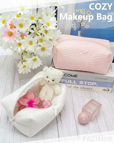 PAZIMIIK Cozy Makeup Bag for Women,Zipper Cosmetic Pouch,Waffle Cream White - color: Waffle Cream White