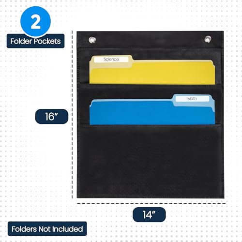 Essex Wares - 2 Pocket File Folder Pocket Chart, Black, 14" Wide x 16" Tall | Versatile Wall Hanging File Folder Organizer for Classrooms, Offices, Home, and More - Wall Folder Organizer - size: 2 Pocket