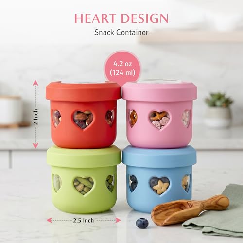 Snack Containers - 4.2 Oz Reusable Condiment Containers with Screw-on Leak Proof Lid | Perfect for Salad Dressing Sauce Dips Lunchbox Picnic Travel Bento Box | BPA-Free | Dishwasher Safe - color: Pastel Color Set-Heart