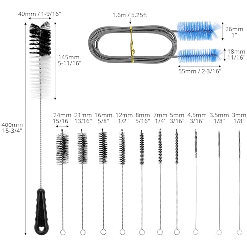 QWORK 12Pcs Tube Pipe Cleaner Kit, 15.75" Long Handle Brush, 5.25 Ft Flexible Dual-Head Cleaner & 10 Multi-Size Nylon Brushes for Narrow Neck Bottles, Curved Glass, Feeders