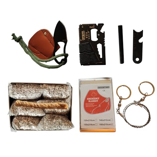 Emergency Fire Starter 6 Bag Megnesiums Multi Purpose Card Tool Saw Ferro Rod Striker Blanket Wax Rope for Camping Hiking Bushcraft + Tin Box (Mg + Ferro + Knife + Saw + Tool + Blanket + Rope)
