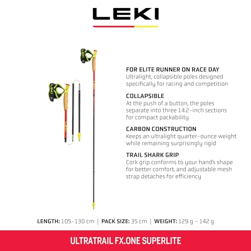 LEKI Ultratrail FX.One Superlite Trekking Poles | Carbon, Foldable, Ultralight Trail Running & Hiking Sticks - color: Red-Yellow-Carbon, size: 125 cm