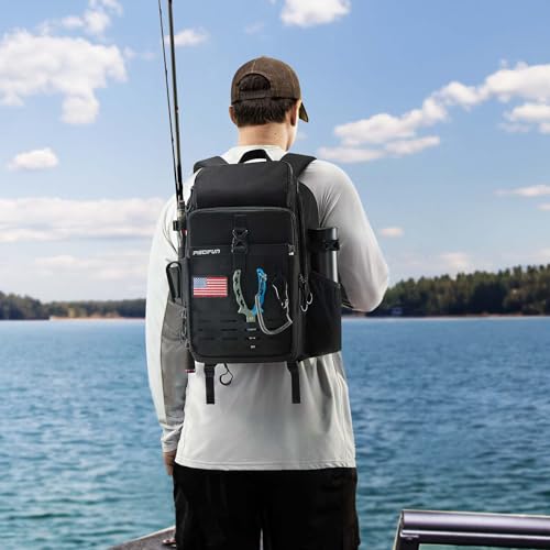 Piscifun Fishing Tackle Backpack, Rod & Gear Holder, Water-Resistant | 20L storage, breathable padding & adjustable shoulder straps, MOLLE panel, Black - color: Black, size: Large