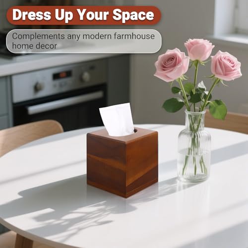 2 Pack Wooden Tissue Box Cover Square - Acacia Wood Tissue Box Holder for Tabletop Stands Bathroom Office- Decorative Facial Wood Tissue Box Cover for Modern Farmhouse Decor (Walnut)