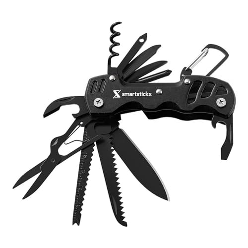 16 In 1 Multi tool Pocket Knife multitool Military Grade Steel: Swiss Style | Multi Functional Small Folding Knife with Keychain, Easy to Carry, Wine/Bottle opener , scissors , saw screwdrivers - Black - color: Black