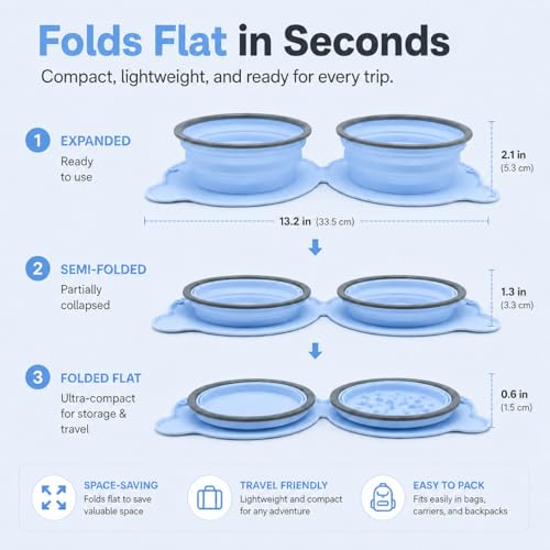Collapsible Dog Bowls, 2-in-1 Silicone Pet Food and Water Bowl with Carabiner - Portable Double Compartment Travel Dish for Dogs, Ideal for Camping, Hiking (Light Blue) - color: Light Blue