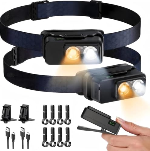 Headlamp Rechargeable 2PCS, Super Bright LED Head Lamp with Motion Sensor & White Warm Light, 8 Modes & Magnetic Base IPX7 Waterproof Headlight for Forehead Hard Hat Light for Camping Hiking Fishing