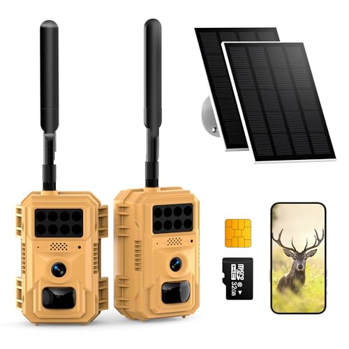 2 Pack 2K Cellular Trail Cameras, 4G LTE Solar Wildlife Cameras No WiFi Needed, 0.2s Trigger, No-Glow Night Vision, Pre-Installed IoT SIM & 32GB SD Cards for Farm and Remote Property