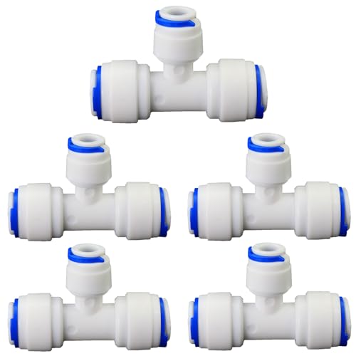 3/8" to 1/4" to 3/8" Push-Fit Tee, 5 Pcs | Plastic push-to-connect fitting for RO water filtration, pre-purifier, refrigerator & coffee maker. - style: 3/8" to 1/4" to 3/8" Push-to-Connect Tee Reducer