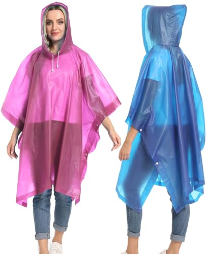 Reusable Rain Ponchos with Drawstring Hood for Adults, Waterproof Thicken Rain Coat, 2 Packs - color: Pink Blue (2-pack)