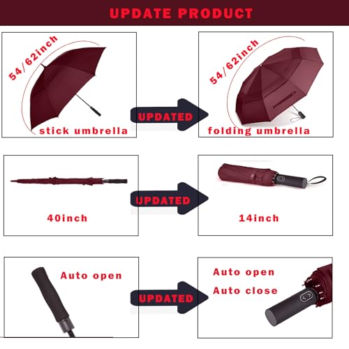 MRTLLOA Compact Golf Umbrella, 10 Ribs Vented Windproof Travel | 49/54/62 Inch Large Oversize, Double Canopy, Quick-Dry Fabric, Lightweight, Umbrellas for Rain - color: Burgundy, size: 62 Inch