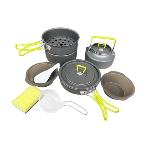 Camping Cookware Set Steaming, Portable Backpacking Gear with Hard Anodized Aluminum Pot, Pan, Kettle, Bowls & Utensils, Lightweight Outdoor Cooking Kit, Ideal for Hiking, Picnic & Camping
