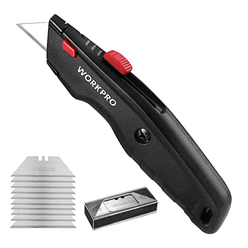 WORKPRO Premium Utility Knife, Retractable All Metal Heavy Duty Box Cutter, Quick Change Blade Razor Knife, with 10 Extra Blades - color: Black