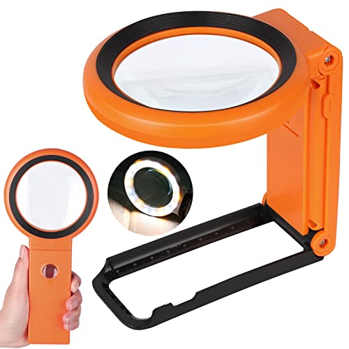 Magnifying Glass with Light and Stand, Foldable Handheld Magnifying Glass 18 LED Illuminated Lighted Magnifier for Macular Degeneration, Seniors Reading, Close Work, Coins, Jewelry Orange - color: Orange