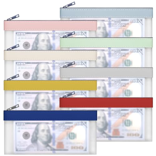 8 Pack Clear Money Envelopes for Cash Money Bag Pouch 7.6x3.7 inch | Waterproof TPU Money Bags With Zipper Cash Bag for Coin Invoice Bills Tools Cosmetics Rceipts School Supplies Gifts,8 Colors - color: 8 colours