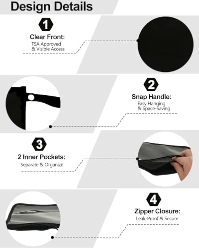 babygoal TSA Approved Black Clear Travel Organizer Bags 3 Pack | Water Resistant Fabric, Dual Inner Pockets, Detachable Snap Handle, Secure Zipper Closure Storage Pouches - color: Black
