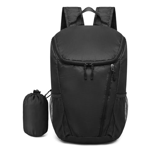 Hiking Backpack 20L Foldable Daypack for Men Women Nylon Black | Packable Backpack for Men Women, Small Foldable Day Pack Waterproof for Travel Camping Mountaineering - color: Black