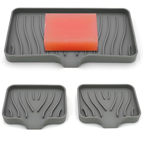 3-Pack Silicone Soap Dish, Sponge Holder for Sink, Kitchen Soap Tray, Bathroom Soap Holder, Sponge Tray with Drain (Grey) - color: Grey Style B