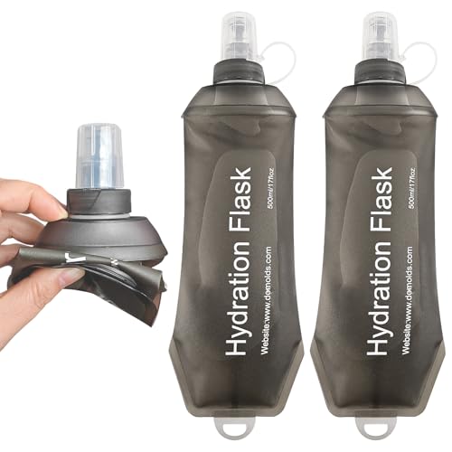 2 Pack 500ml Soft Flask, Shrink As You Drink Collapsible Water Bottles for Running Vest & Hydration Pack, BPA-Free Leak-Proof TPU Folding Bottle for Hiking Cycling Climbing Jogging-Grey - color: Grey