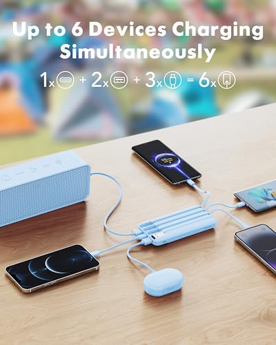 charmast Power Bank Portable Charger with Reinforced Built-in 4 Cables | 3A Fast Charging,10000mAh,6 Outputs 3 Inputs,Travel Essentials,TSA Compliant,LED Display,compatible with iPhone Samsung Moto - color: SkyBlue