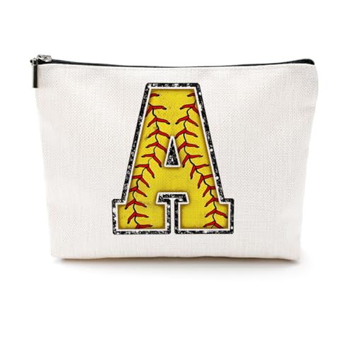 Softball Gifts Initial A Makeup Bag Softball Gifts for Team Cosmetic Bag | Letter A Monogrammed Zipper Pouch Softball Accessories for Girls Women Player Coaches Friend Graduation Birthday Gifts - color: Softball A, style: Softball