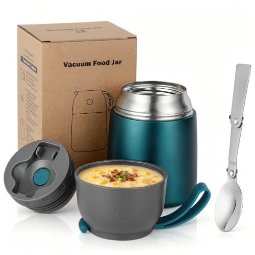 Insulated Thermo Food Jar for Hot & Cold Food for Kids Adult, 17 oz Soup Thermal Hot Food Containers for Lunch, Triple Layer Insulation Stainless Steel Food Jar with Spoon (Green) - color: Green