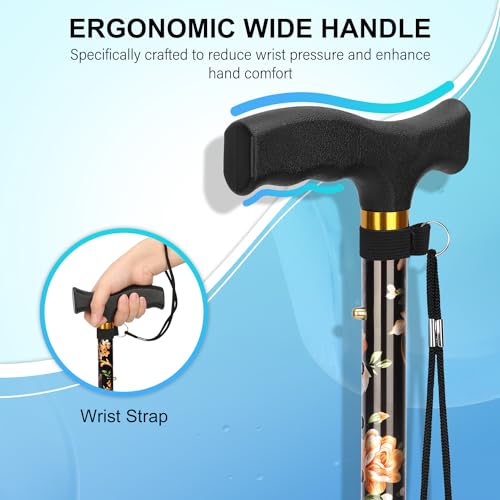 supregear Folding Cane, Lightweight 5-Level Adjustable Walking Stick with Wrist Strap and T-Handle, Portable Mobility Aid for Elderly and Disabled Men and Women - color: Floral Black