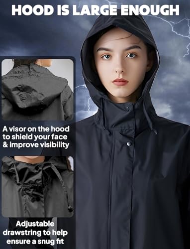 ANYOO Waterproof Rain Poncho Lightweight Reusable Hiking Hooded Coat Jacket for Outdoor Activities - color: Black