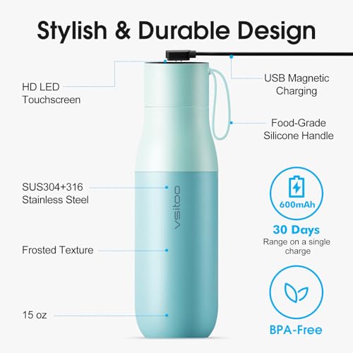 VSITOO S1 Pro 15oz Insulated Stainless Steel Self-Cleaning Water Bottle | Mini 15oz Insulated Bottle With Auto Self-Cleaning, App or Touchscreen Control, Temp Display, 30-Day Battery & 24H Cold - color: Blue, size: 15 Ounces