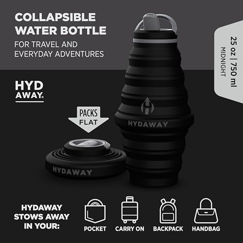HYDAWAY 25oz Collapsible Water Bottle, Packable Leakproof for Travel | Large capacity design. Folds flat for carry-ons, day bags, hiking packs. Leakproof, BPA-free. - color: Midnight
