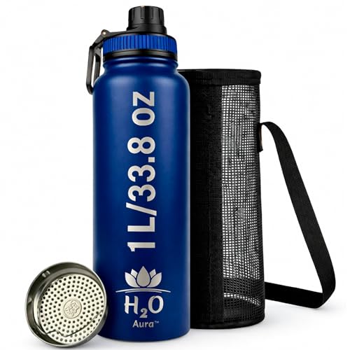 Premium 1 Liter Water Bottle (33.8 oz) with Carrying Case & Strap - Double Wall Vacuum Insulated Stainless Steel Water Bottle - Leakproof Lid, Wide Mouth, BPA-Free, Removable Strainer – Blue - color: Blue