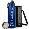 Premium 1 Liter Water Bottle (33.8 oz) with Carrying Case & Strap - Double Wall Vacuum Insulated Stainless Steel Water Bottle - Leakproof Lid, Wide Mouth, BPA-Free, Removable Strainer – Blue - color: Blue
