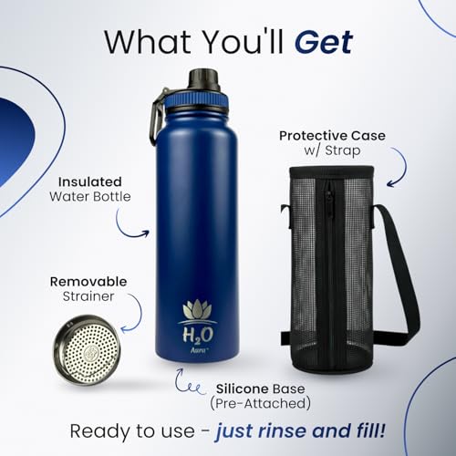 Premium 1 Liter Water Bottle (33.8 oz) with Carrying Case & Strap - Double Wall Vacuum Insulated Stainless Steel Water Bottle - Leakproof Lid, Wide Mouth, BPA-Free, Removable Strainer – Blue - color: Blue