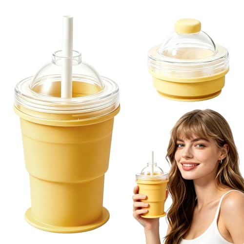 Ice Maker Cup, 2-in-1 Foldable Silicone Ice Ball Maker Cup, One Glass Ice Maker, Reusable Portable Ice Sphere Mold with Straw and Lid (yellow) - color: Yellow
