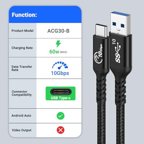 Android Auto & CarPlay USB C Cable 10Gbps, 1FT, 2 Packs, Black | USB 3.1 Gen 2 Type C Cord, 3A Fast Charging, High Speed Data Transfer, Compatible for iPhone 16/15 Pro/Galaxy S24/S23/SSD - color: black, size: 1 ft