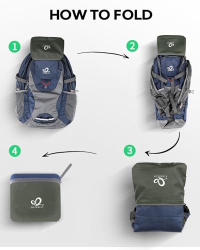 WATERFLY Lightweight Packable Hiking Backpack, 30L Day Pack Blue | Water Resistant Foldable Travel Daypack with Multiple Pockets, Wet Pocket, Ultralight Day Pack for Woman Man, Everyday Carry - color: Blue