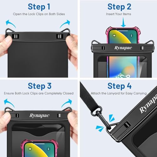 Rynapac Large Waterproof Phone Pouch [Up to 10"] - 2 Pack IPX8 Waterproof Phone Case for iPhone 17 16 15 Pro Max Galaxy S26 Ultra, Touchscreen & Underwater Photography, Beach Cruise Essentials 2026 - color: [Black + Blue] Large Waterproof Phone Pouch, siz
