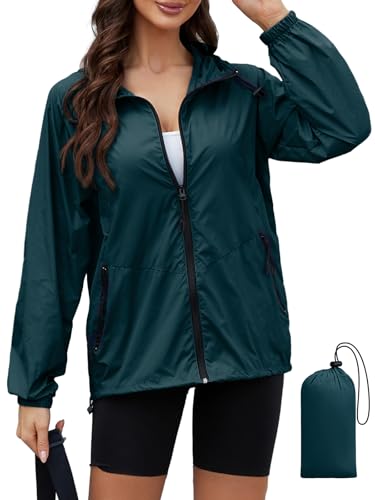 CRIPOM Packable Rain Jacket Women Waterproof Lightweight Jacket With Hood Womens Windbreaker Jacket S-XXL - color: Dark Blue, size: Small