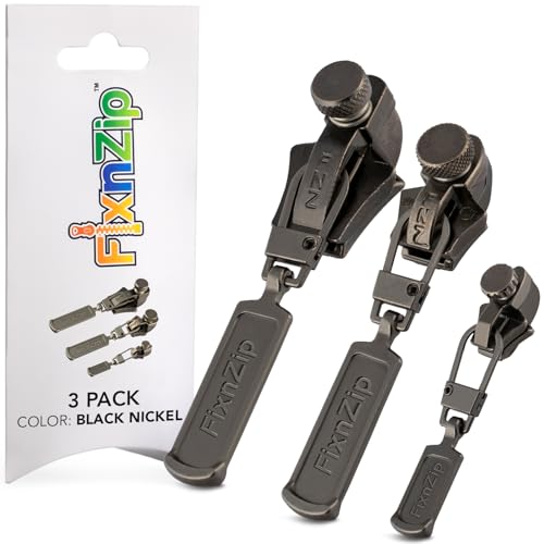 FixnZip (Black Nickel 3 Pack S,M,L) - Universal Zipper Repair Kit for Jackets, Luggage, Bags - Backpack Zipper Replacement Repair Kit - Instant Zipper Fix - color: Black Nickel, size: S,M,L